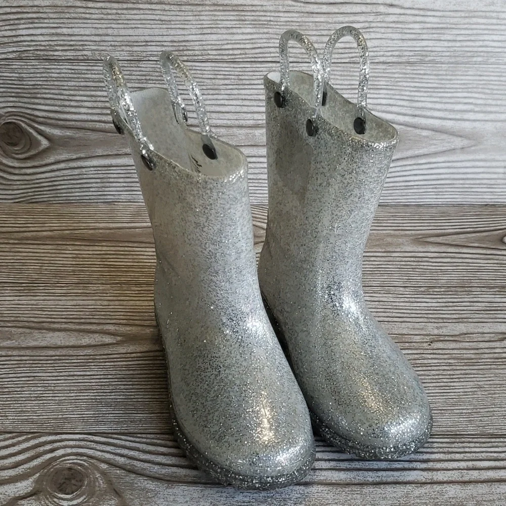 Western Chief Silver Glitter Rubber Youth Rain Boots Size 11